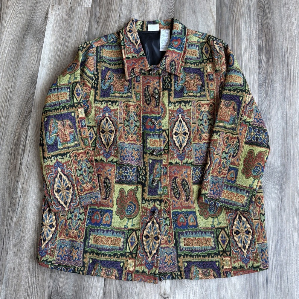 Vintage Tapestry Jacket Women's 18/20 Green Orange Bird Elephant India‎ Beaded